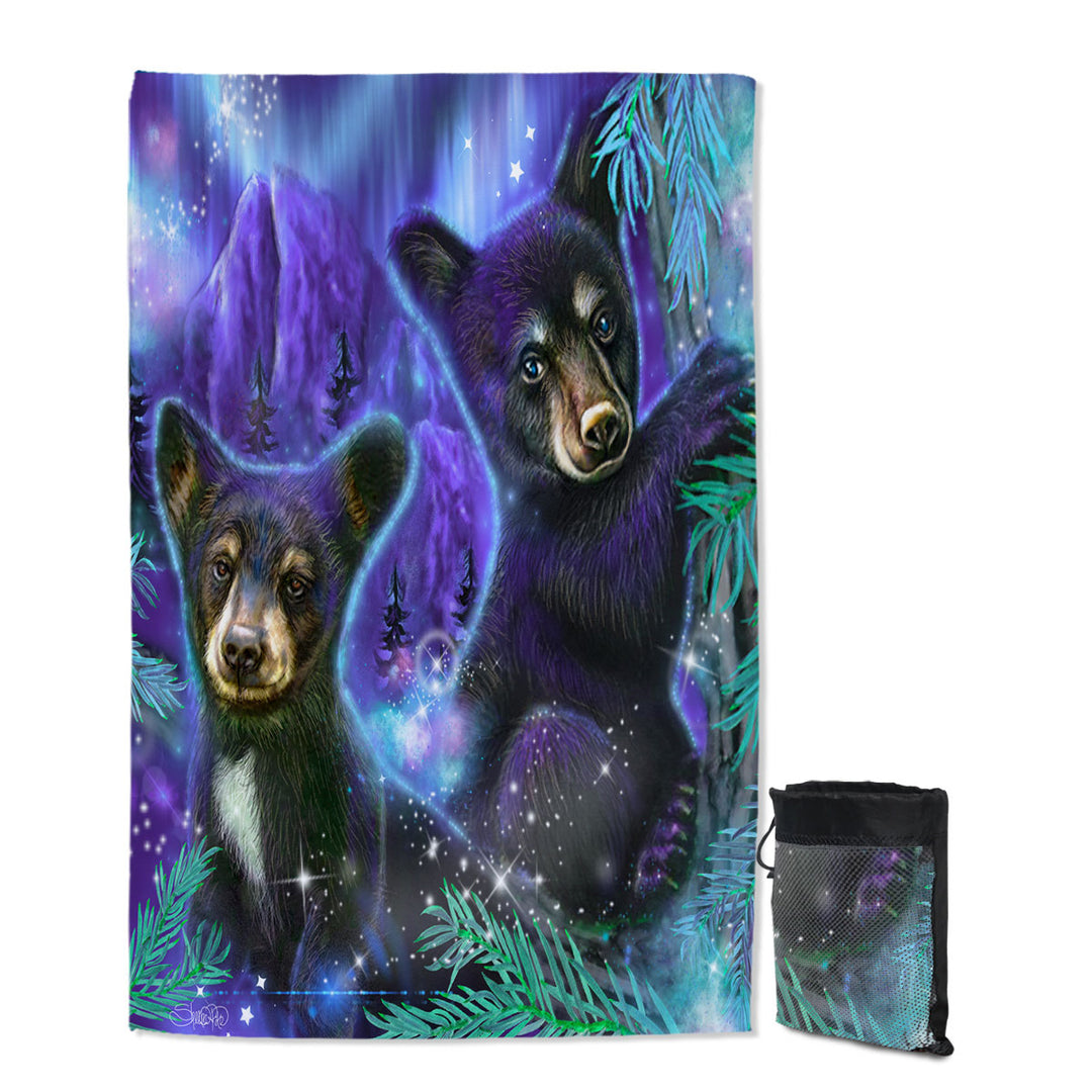 Magical Forest Purple Sky Black Bear Cubs Lightweight Beach Towel