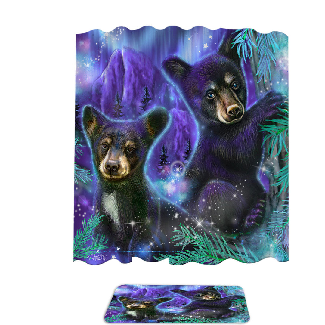 Magical Forest Purple Sky Black Bear Cubs Shower Curtain