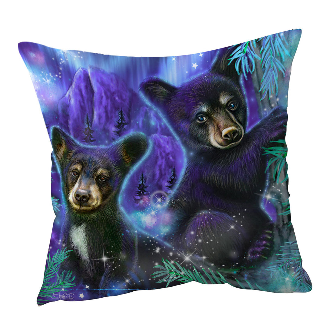 Magical Forest Purple Sky Black Bear Cubs Throw Pillow