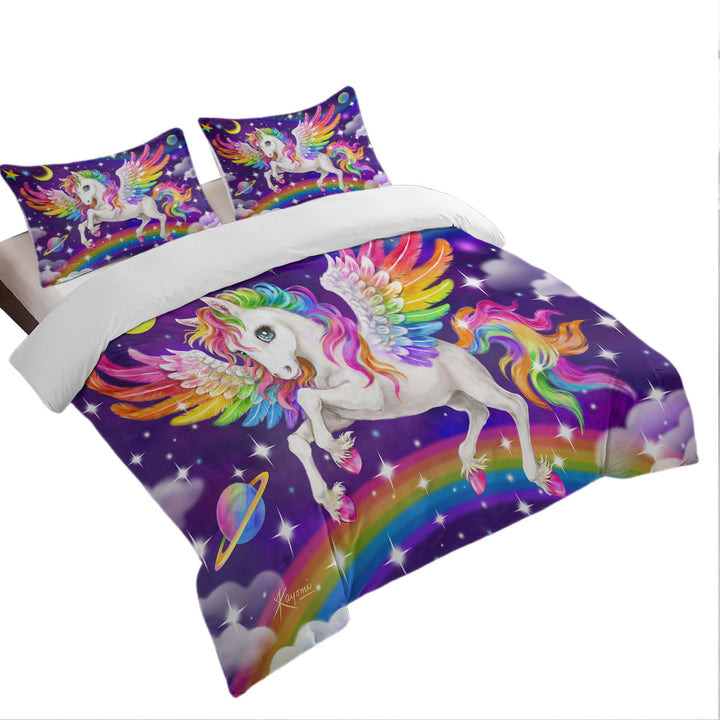 Magical Galaxy Space Colorful Rainbow Pegasus Bed Covers