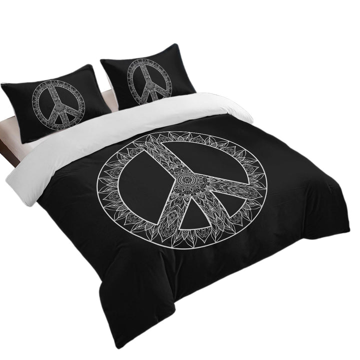 Mandala Pattern Black and White Peace Sign King Duvet Cover set