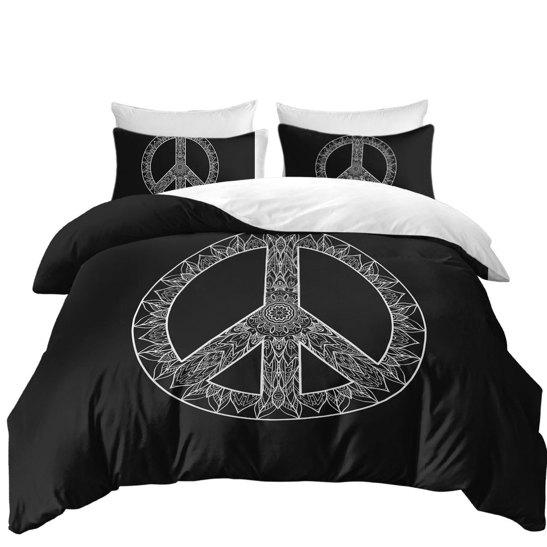 Mandala Pattern Black and White Peace Sign King Size Duvet Cover
