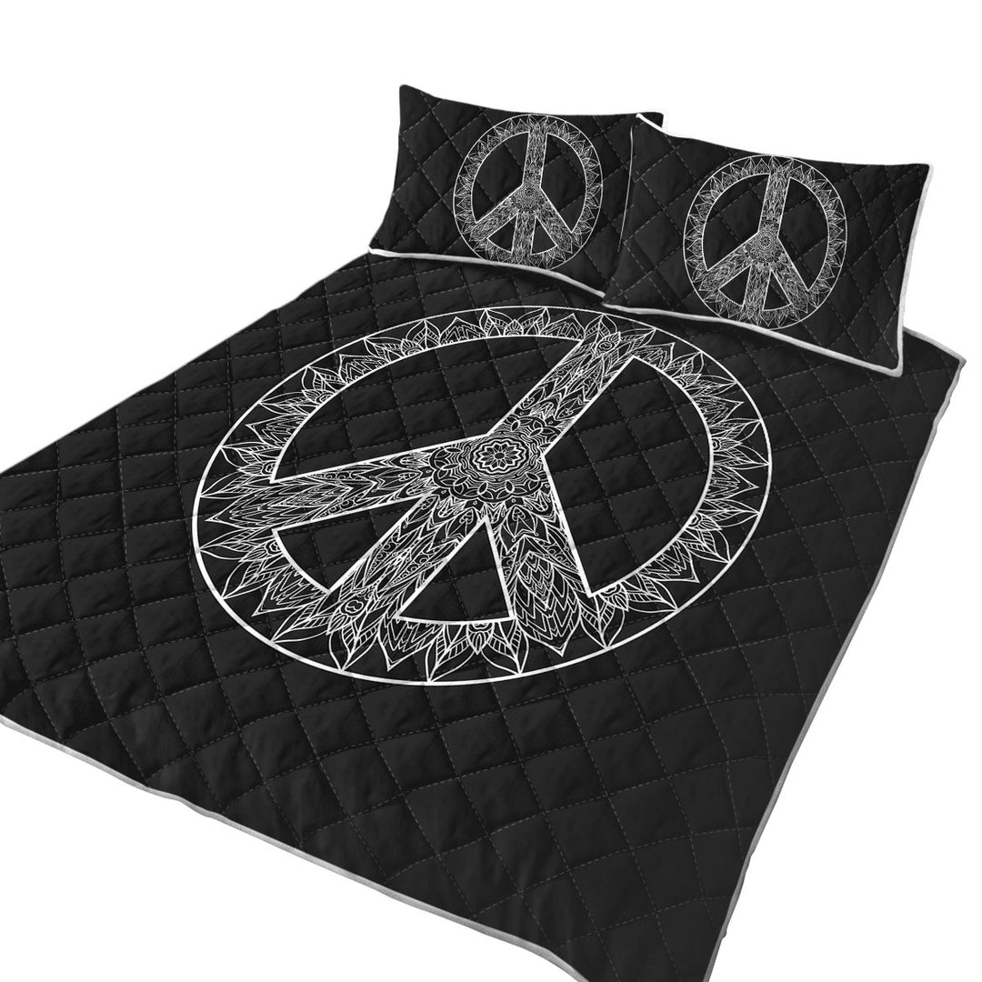 Mandala Pattern Black and White Peace Sign Quilt