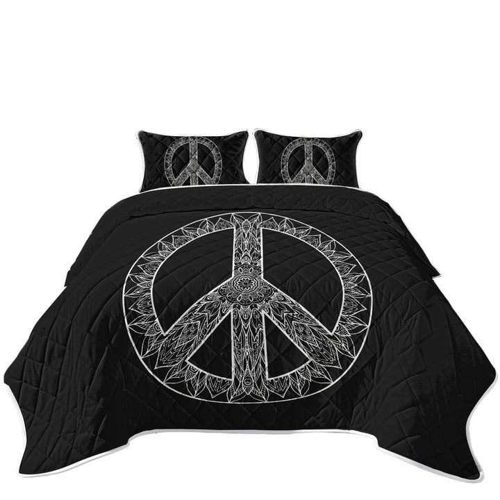Mandala Pattern Black and White Peace Sign Quilts