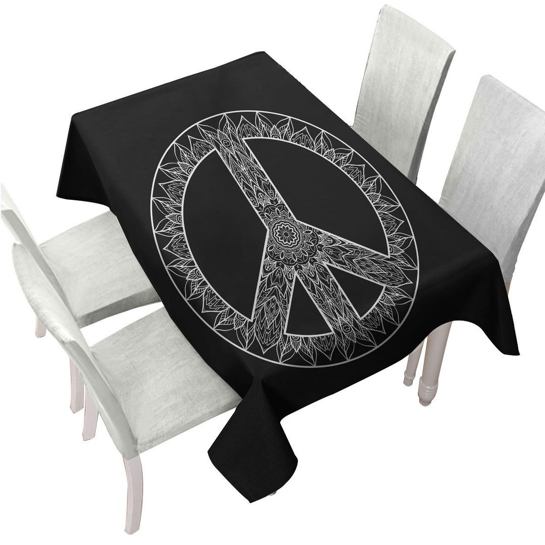 Mandala Pattern Black and White Peace Sign Tablecloth
