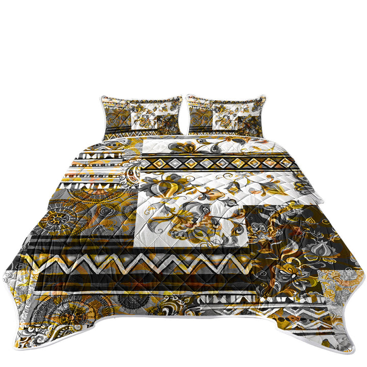 Mandalas and Flowers Golden Black Design California King Quilt Sets