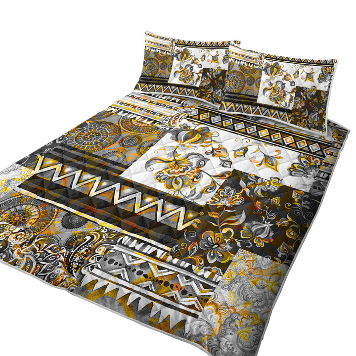 Mandalas and Flowers Golden Black Design King Size Quilt Sets