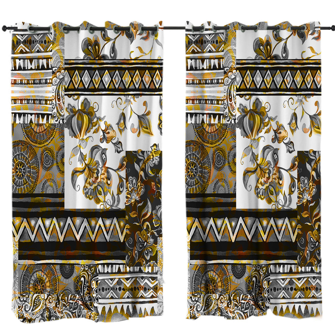 Mandalas and Flowers Golden Black Design Window Curtains