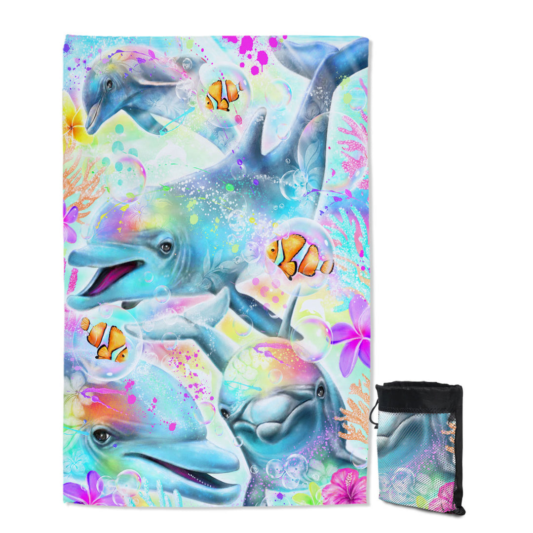 Marine Life Giant Beach Towel with Painting Daydream Rainbow Dolphins