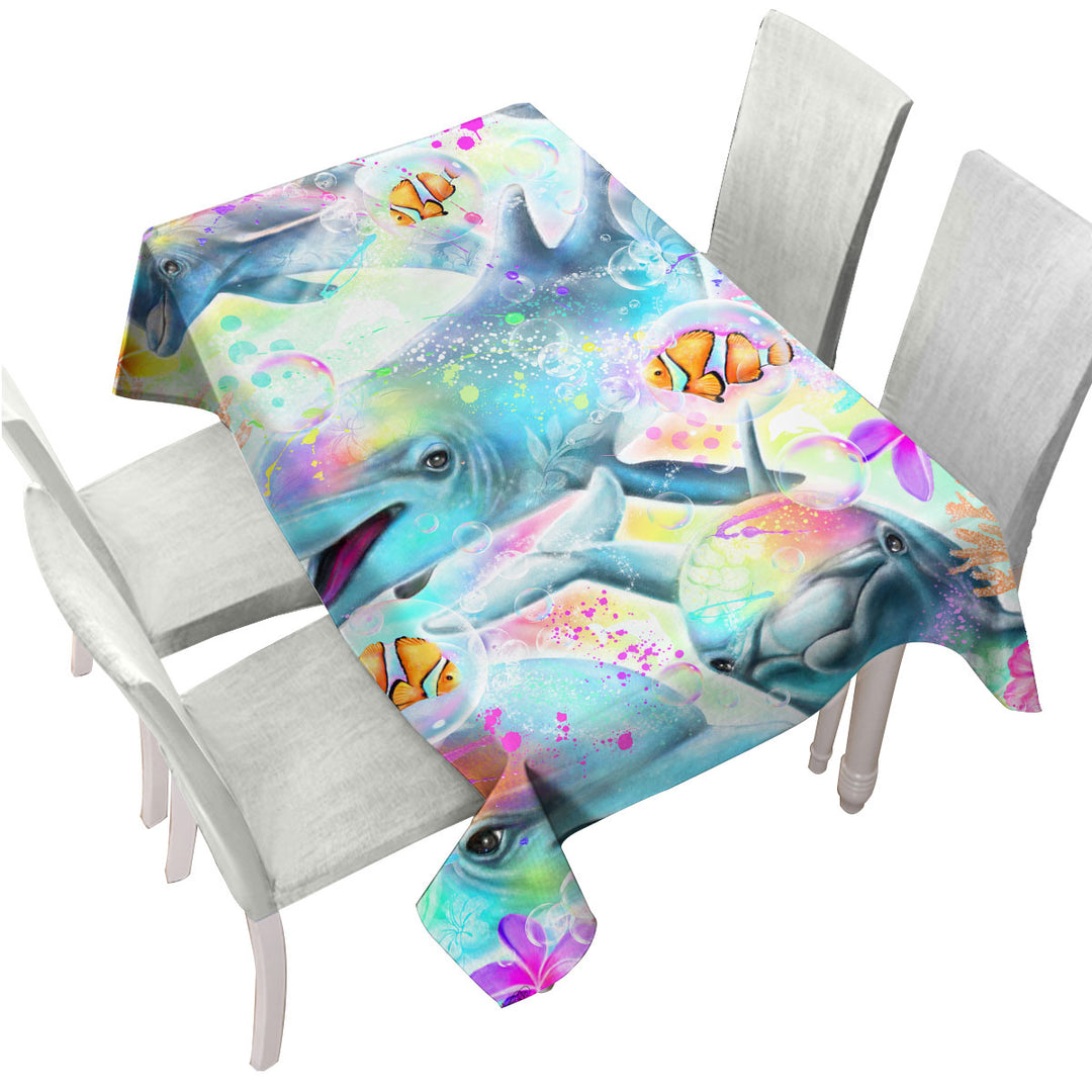 Marine Life Painting Daydream Rainbow Dolphins Tablecloth