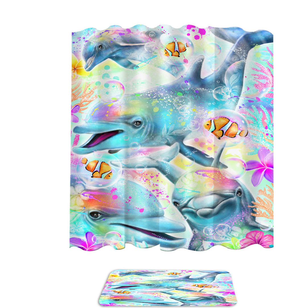 Marine Life Shower Curtains with Painting Daydream Rainbow Dolphins