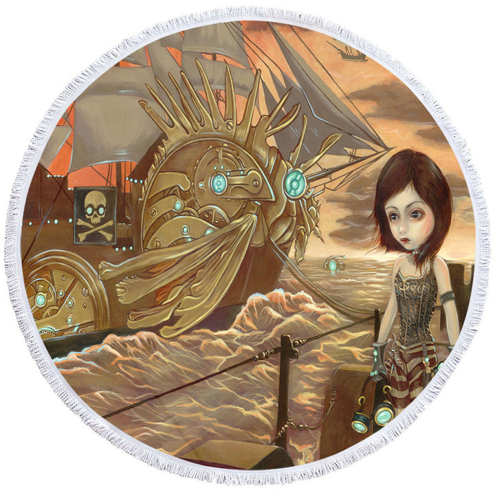 Maritime Sunset Pirates Ship Beautiful Girl Pirate Circle Beach Towel