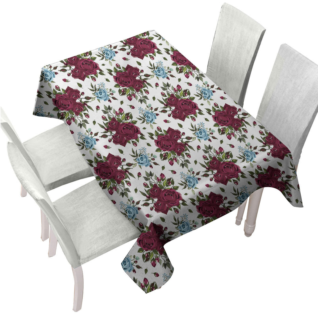 Maroon Red and Sky Blue Roses Custom table Covers