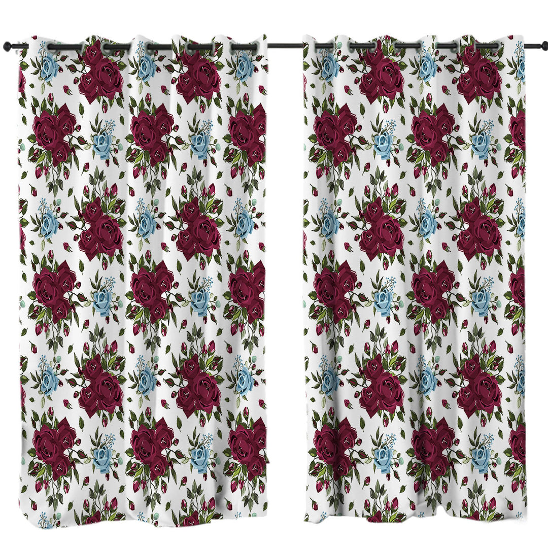 Maroon Red and Sky Blue Roses Window Curtains