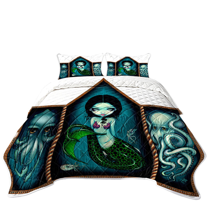Mermaid with Cephalopods Octopus Squid Quilts for sale