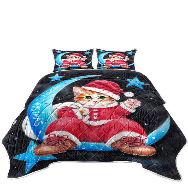 Merry Christmas Kitty Cat Santa on the Moon Coverlets