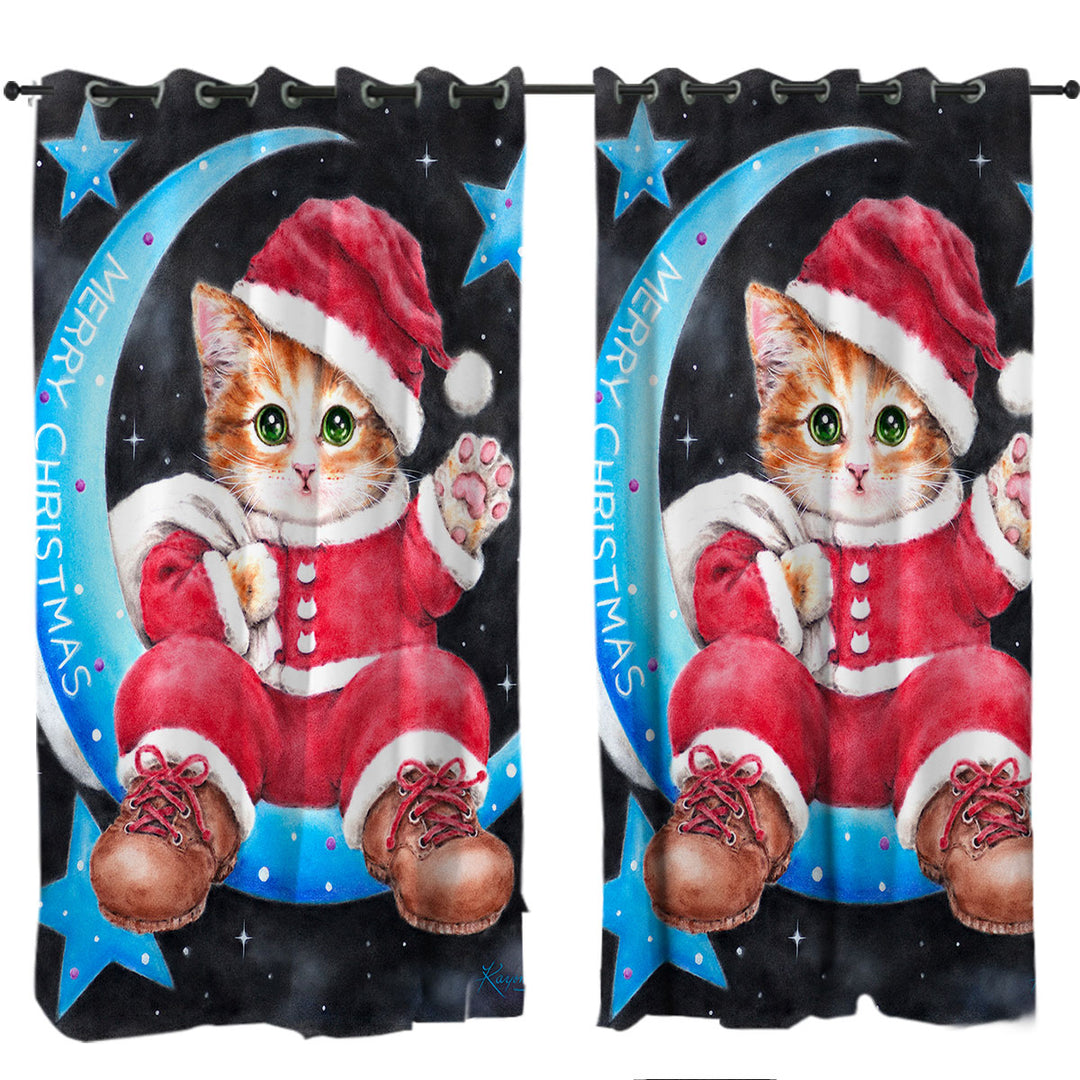 Merry Christmas Kitty Cat Santa on the Moon Drapes and Curtains