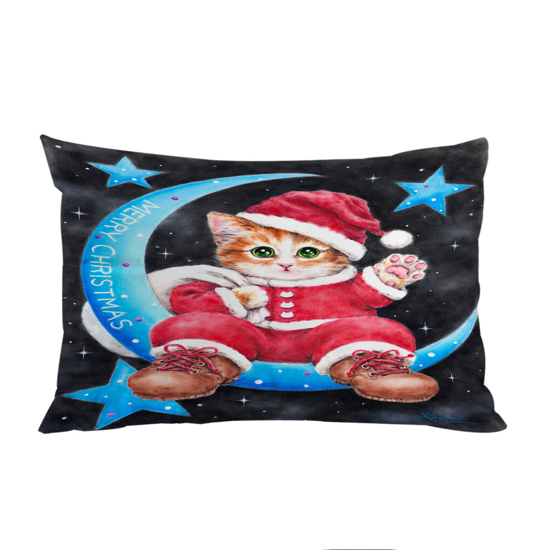 Merry Christmas Kitty Cat Santa on the Moon Pillowcase