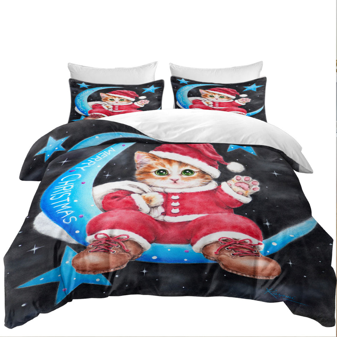 Merry Christmas Kitty Cat Santa on the Moon Quilt Cover Sets