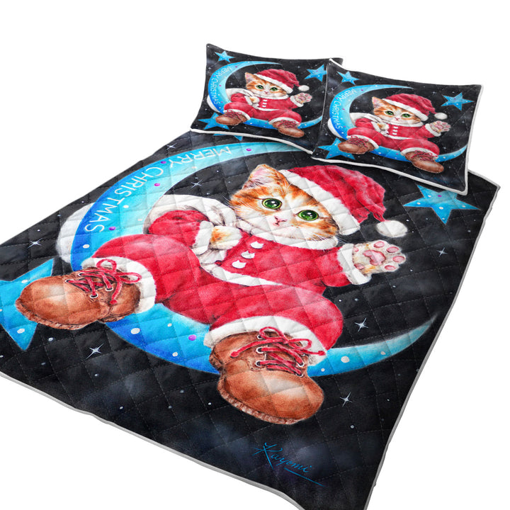 Merry Christmas Kitty Cat Santa on the Moon Quilts for Beds