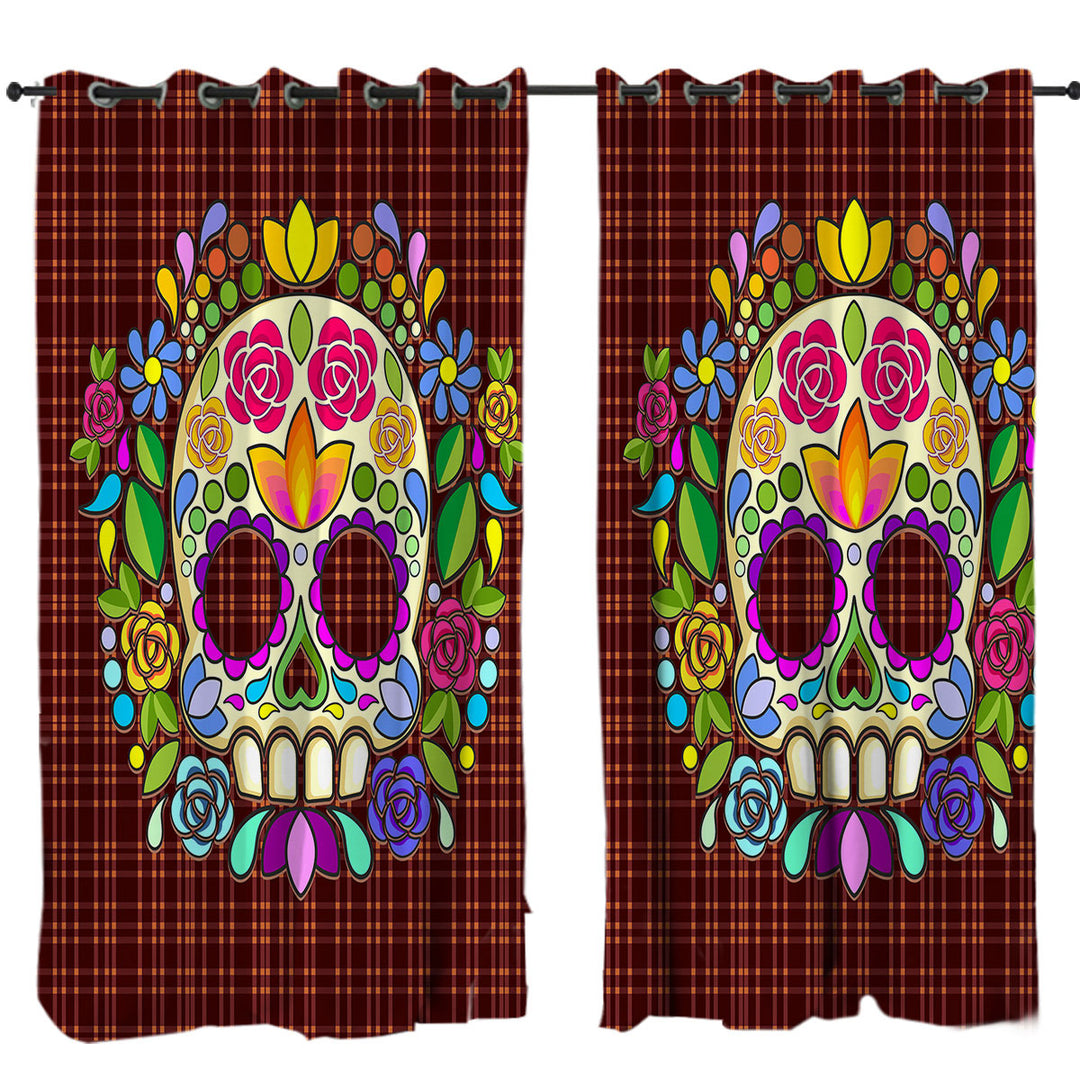 Mexican Sugar Skull over Gingham Curtains for Bedroom