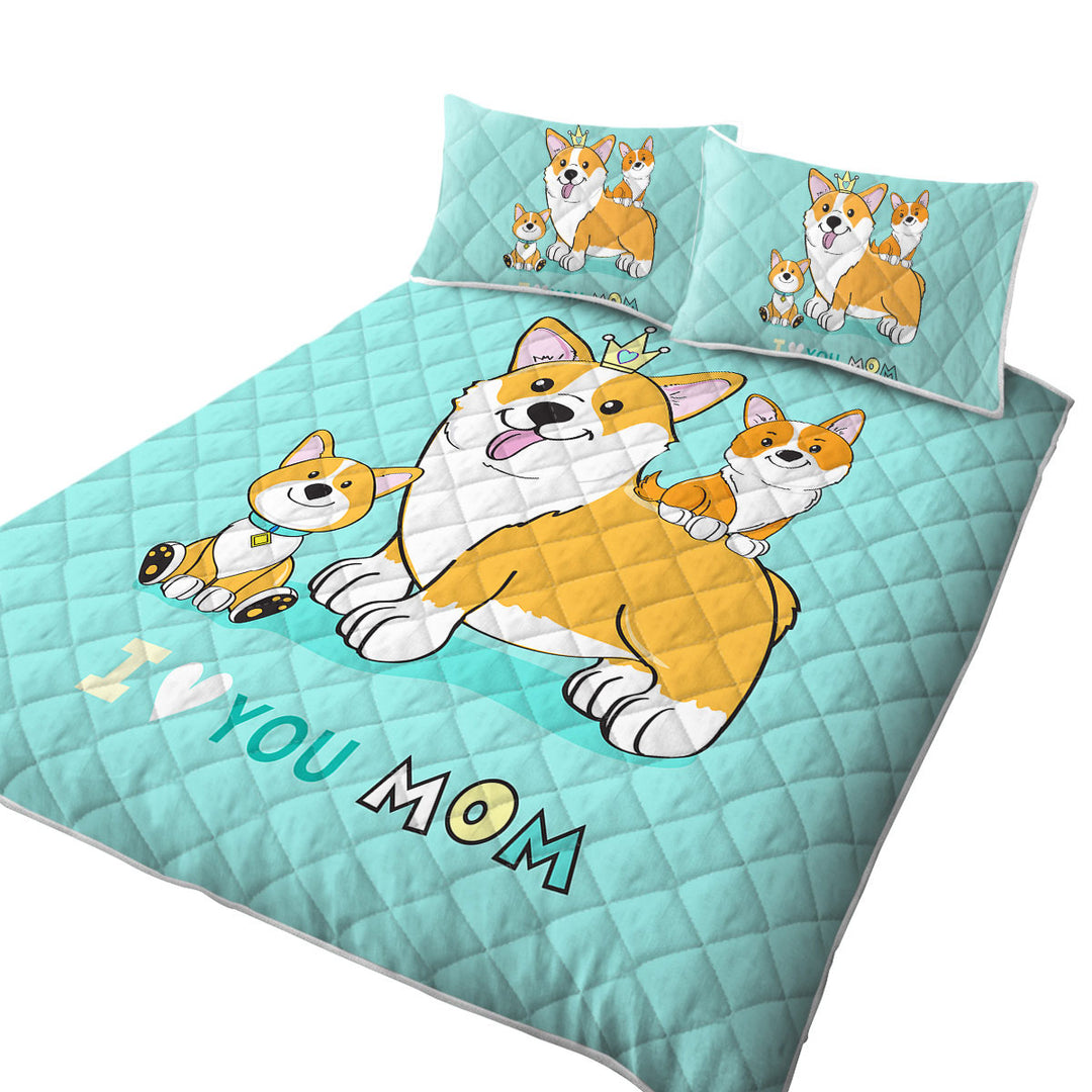 Mom and Puppies Cute Corgi Dog Family King Size Quilt