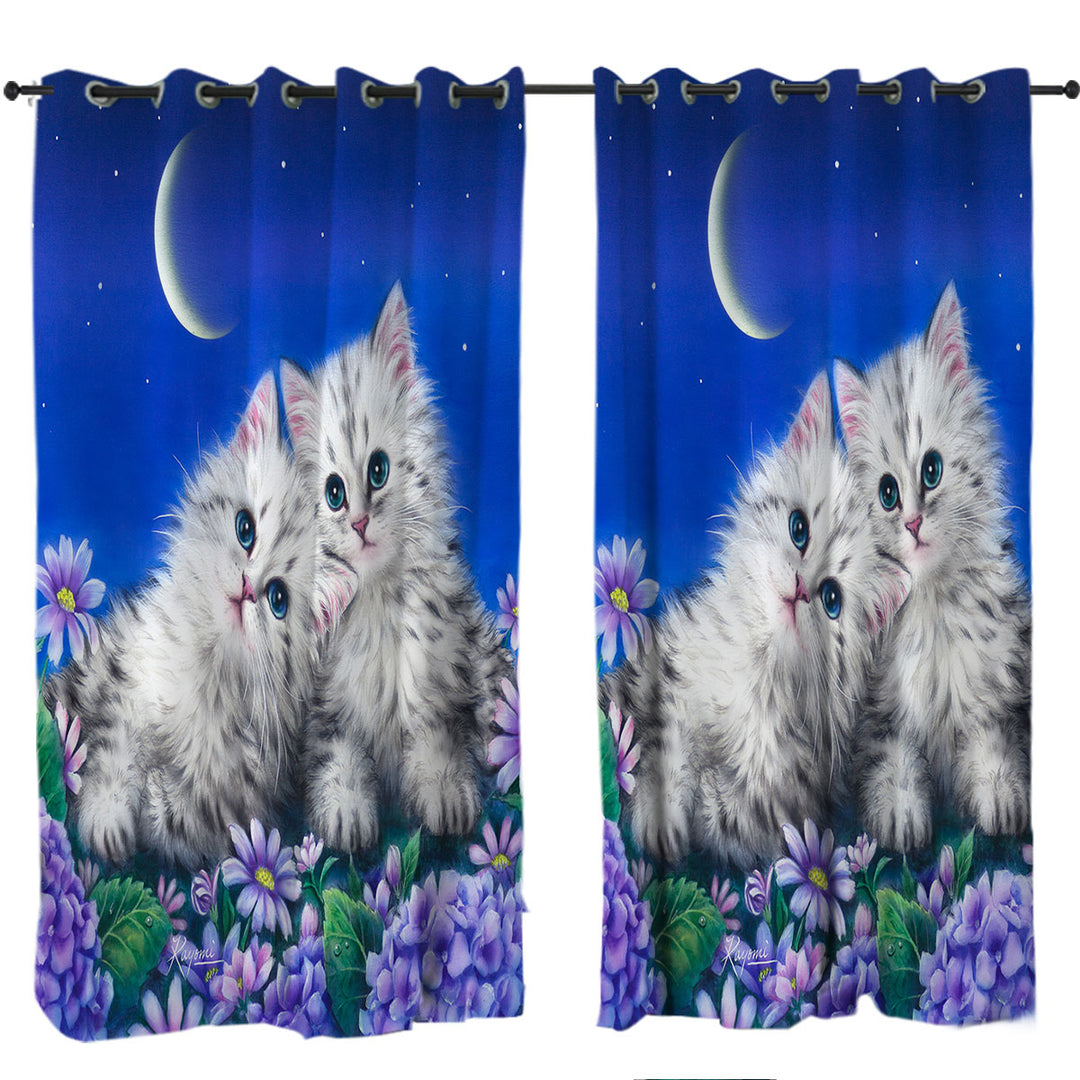 Moonlight Cats Cute Sweet Kittens at Night Curtains for Bedroom