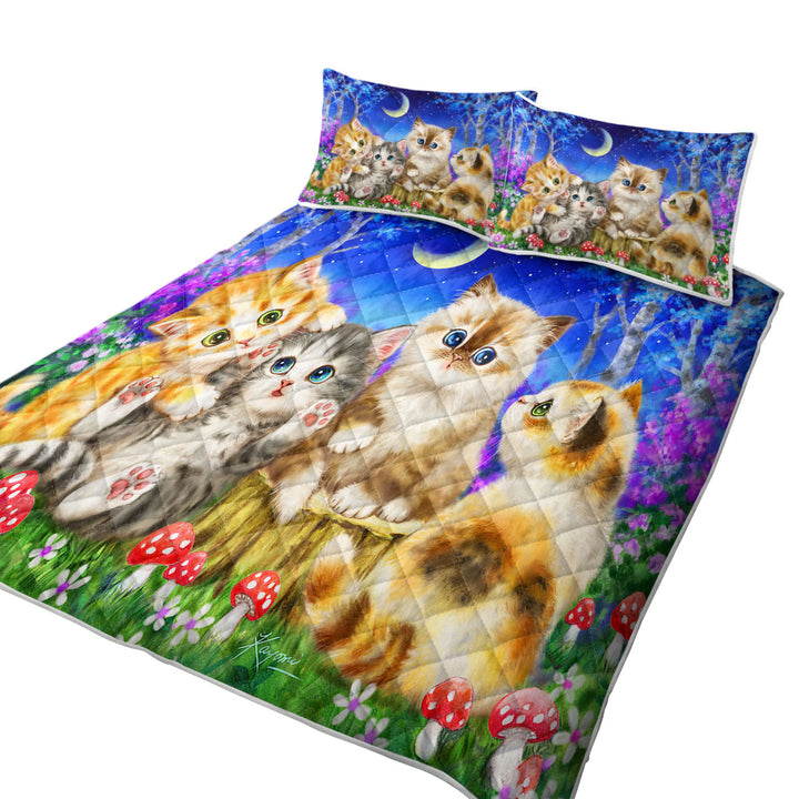 Moonlight Cats Cute Sweet Kittens in the Forest Quilt