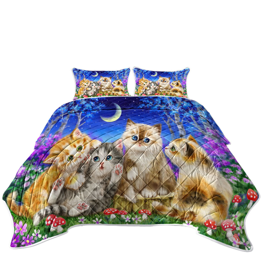 Moonlight Cats Cute Sweet Kittens in the Forest Twin Quilt