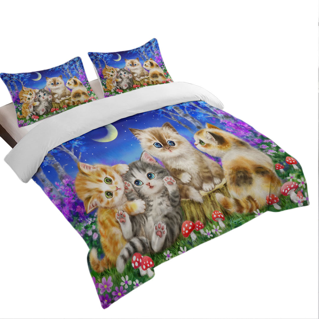 Moonlight Cats Cute Sweet Kittens in the Forest Twin xl Duvet Covers
