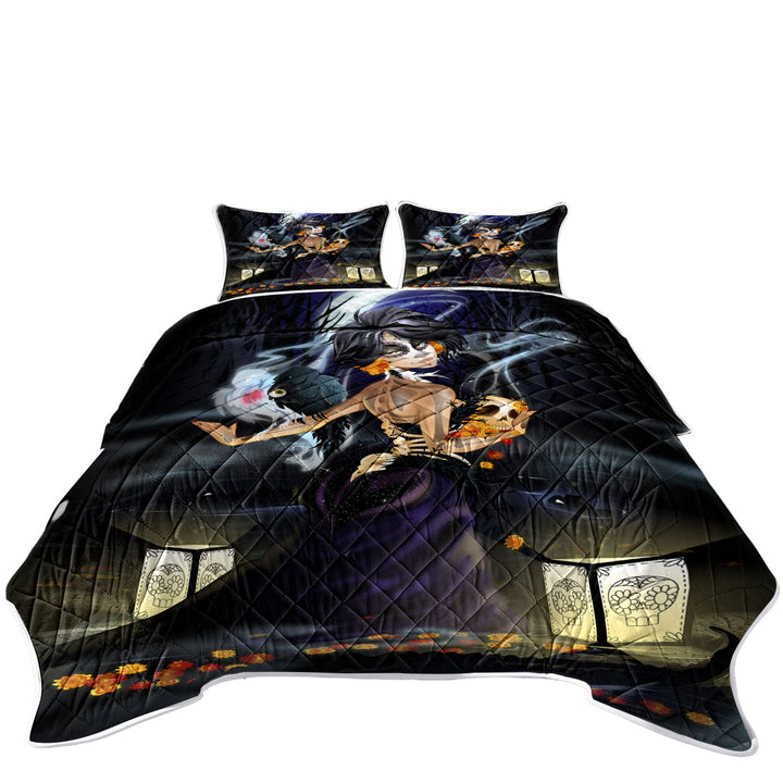 Mourning Beauty Woman Crows and Skulls California King Quilt Sets