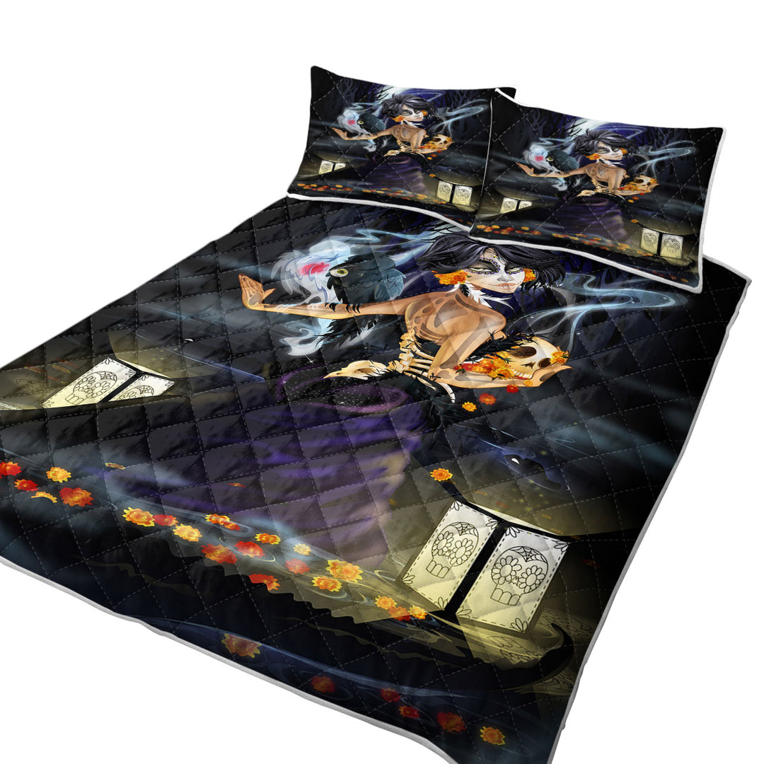 Mourning Beauty Woman Crows and Skulls King Size Quilt Sets