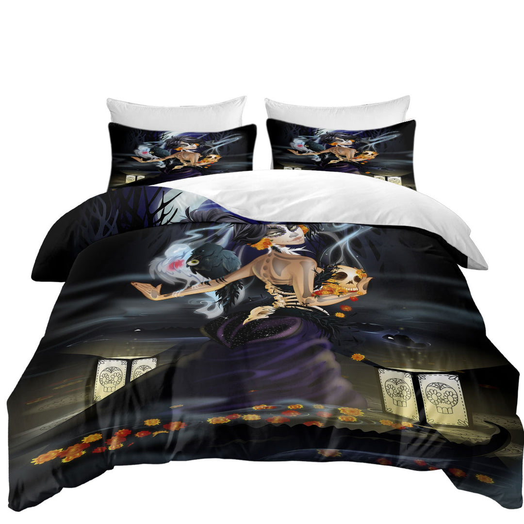 Mourning Beauty Woman Crows and Skulls full Size Duvet Cover