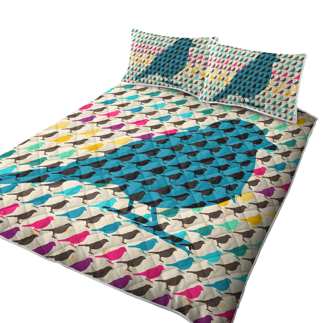 Multi Colored Bird Pattern Over Blue Bird King Size Bedspreads