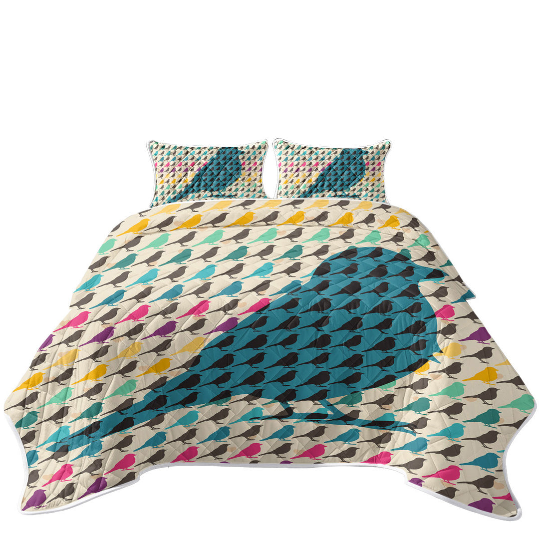 Multi Colored Bird Pattern Over Blue Bird Summer Quilt