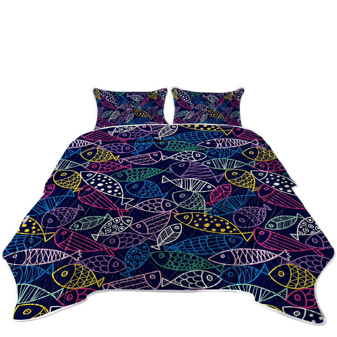 Multi Colored Fish Drawings California King Quilt Sets