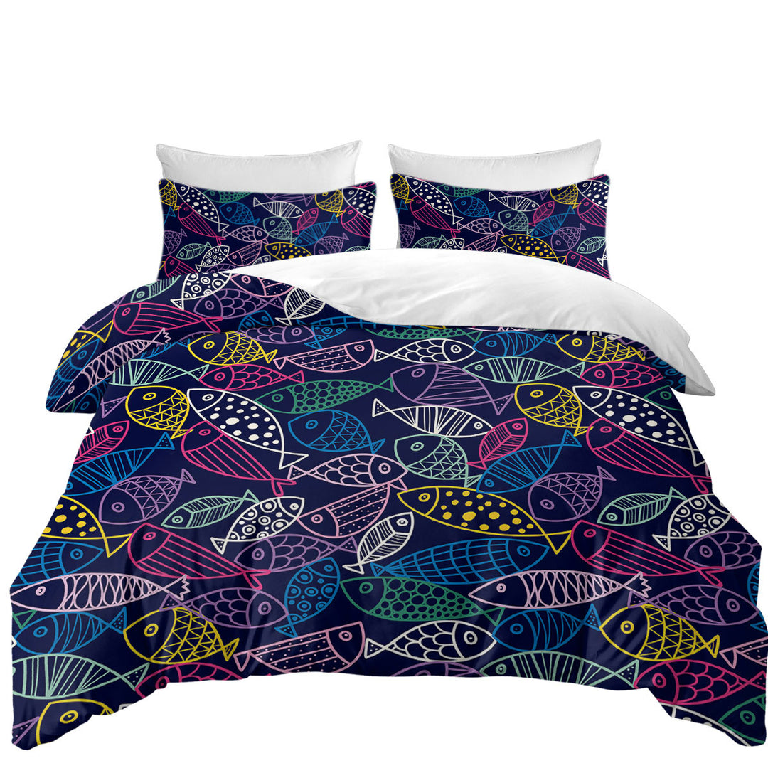 Multi Colored Fish Drawings King Quilt Cover