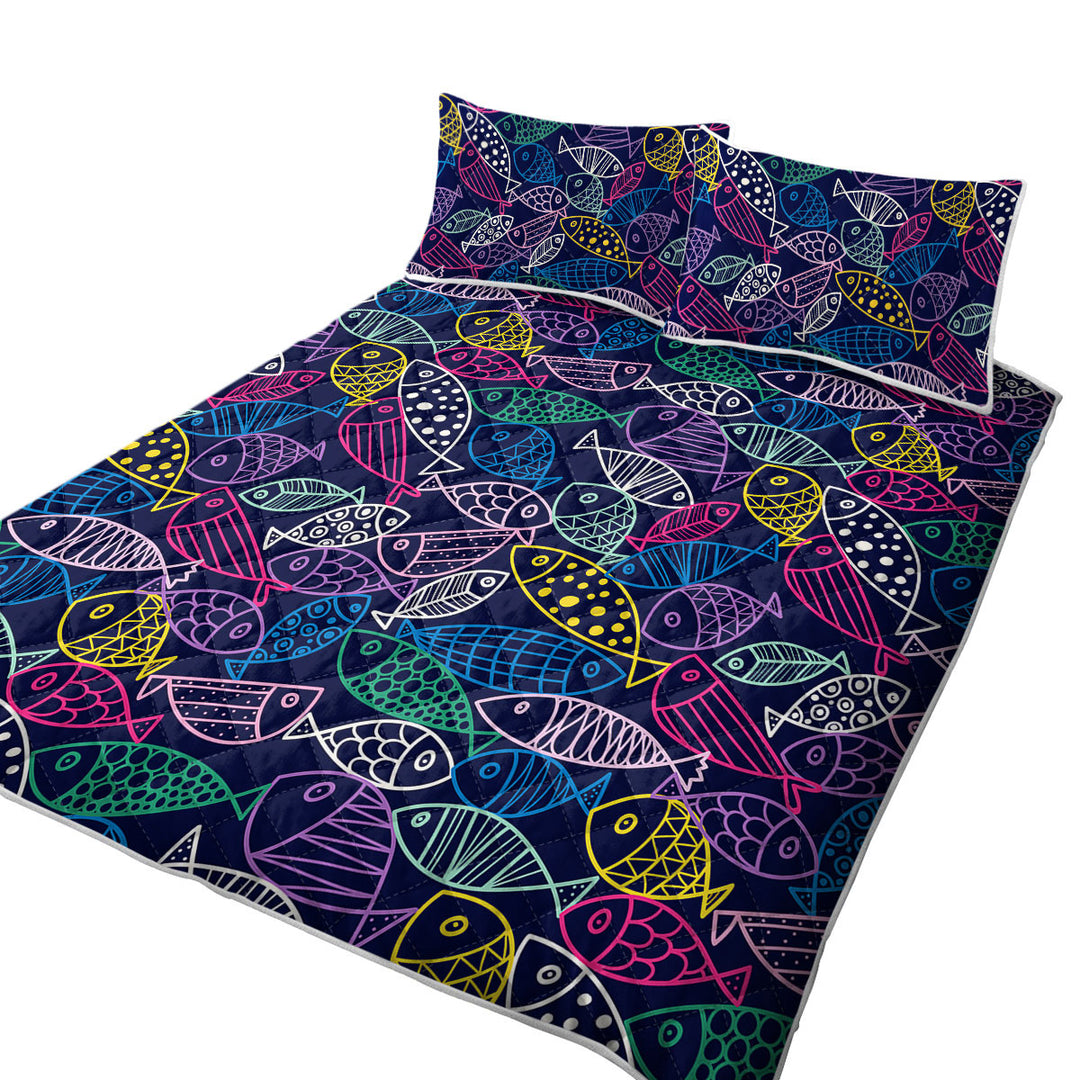 Multi Colored Fish Drawings King Size Quilt Sets