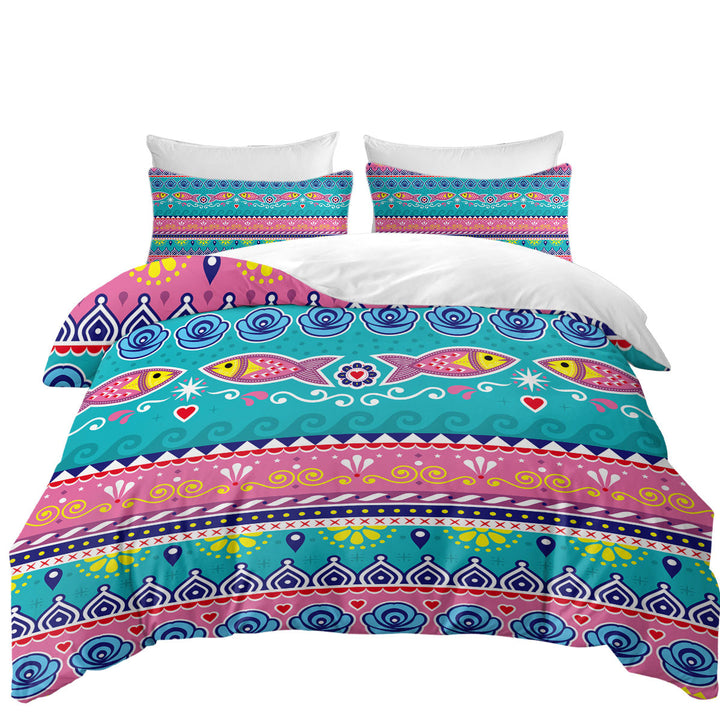 Multi Colored Oriental Fish Design Oversized King Duvet Cover