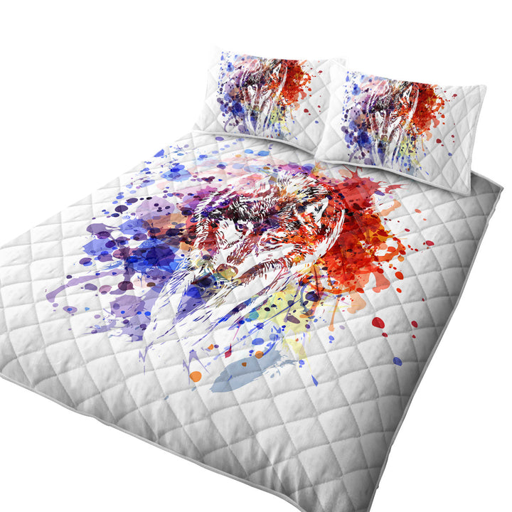 Multi Colored Paint Splash Wolf King Size Quilt