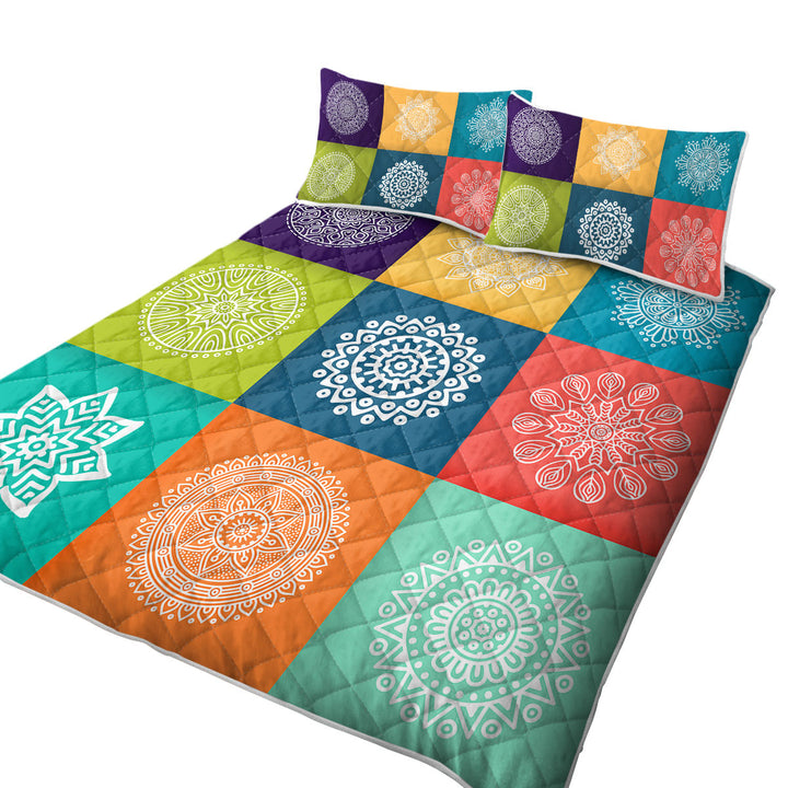 Multi Colored Panel and White Mandalas Coverlet