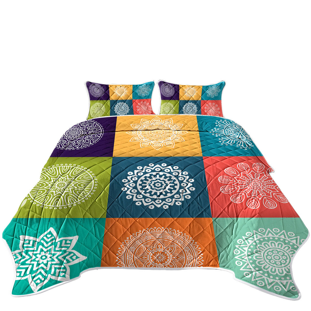Multi Colored Panel and White Mandalas King Size Quilt