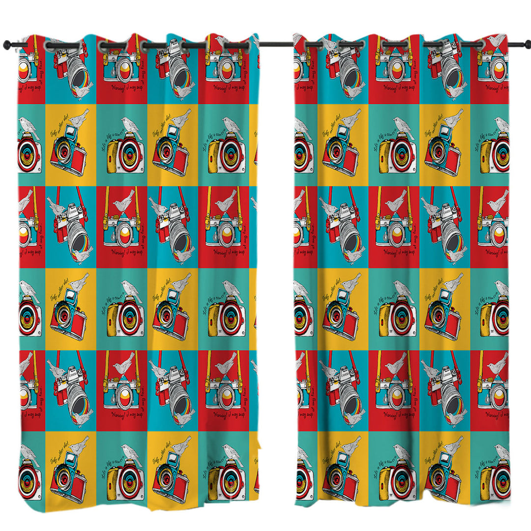 Multi Colored Retro Cameras and Birds Curtains