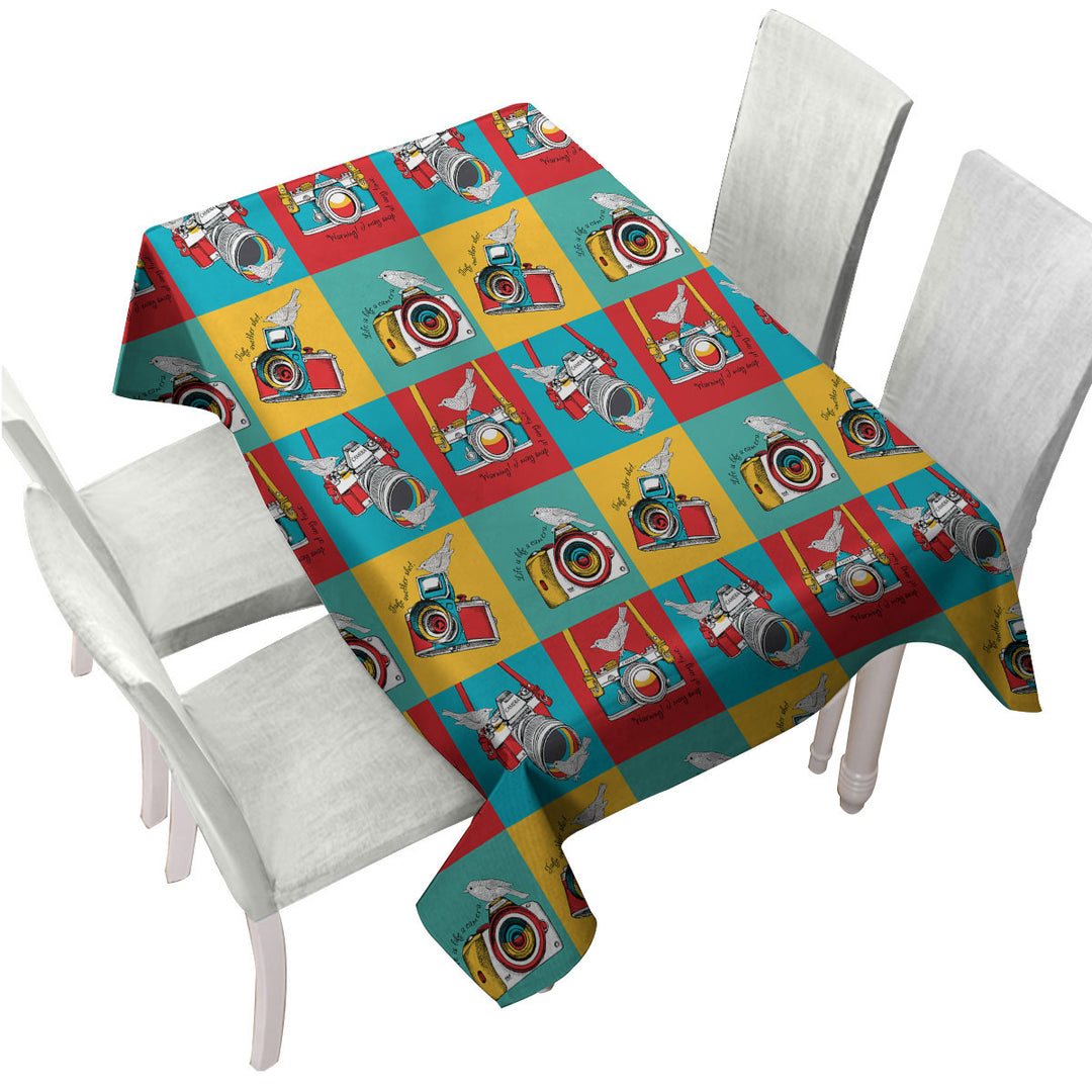 Multi Colored Retro Cameras and Birds Table Cover