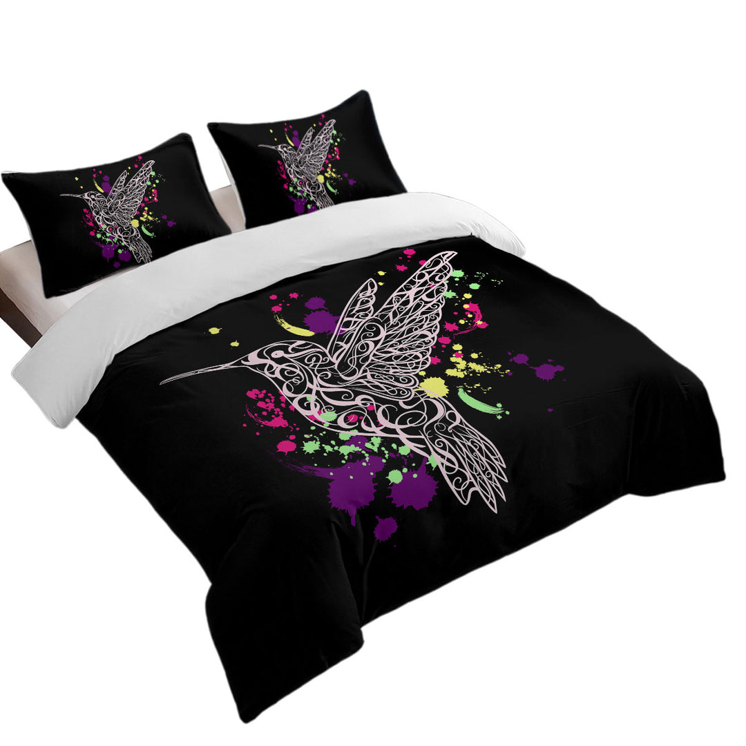 Multi Colored Splashes and Pinkish Hummingbird Duvet Cover set