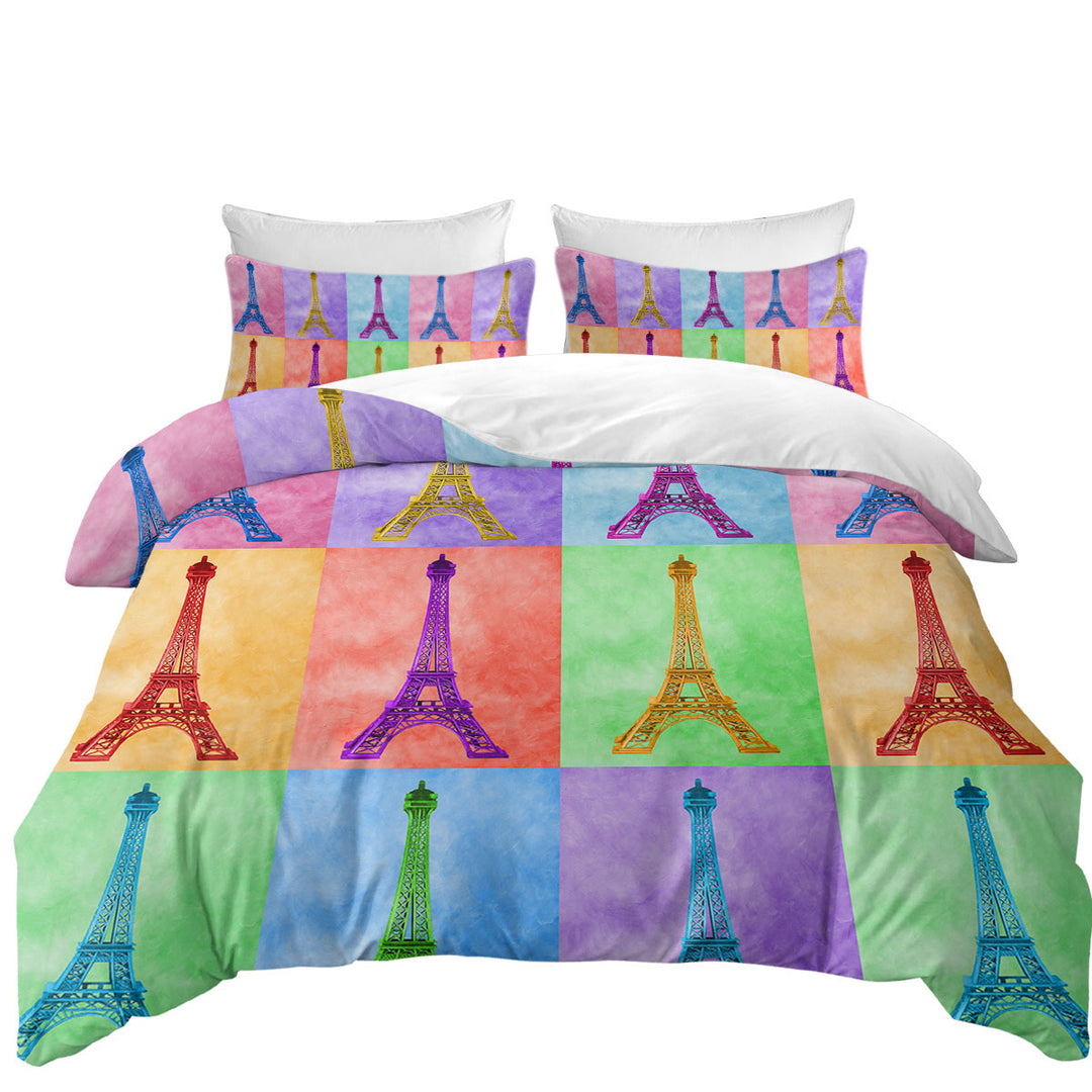 Multicolored Eiffel Tower Panel Comforter Cover