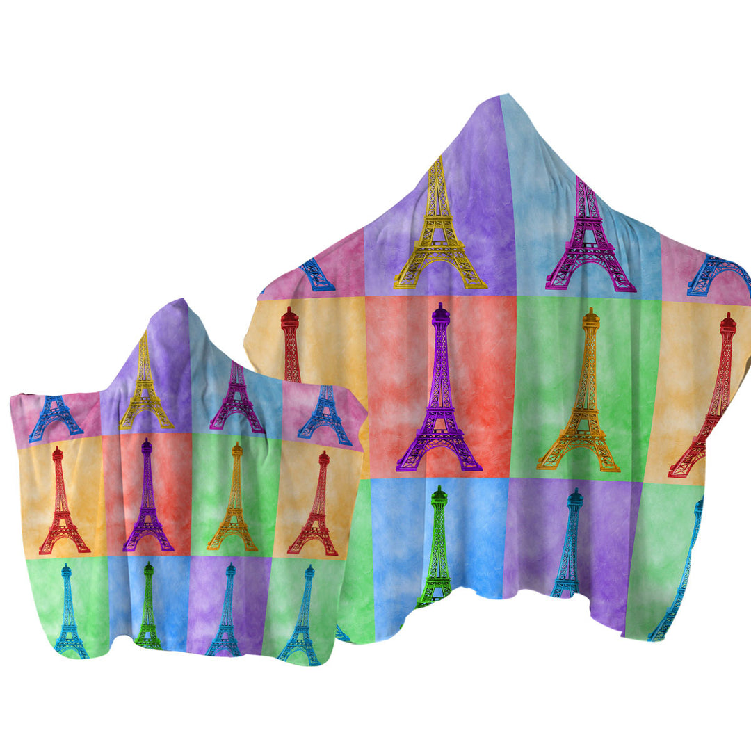 Multicolored Eiffel Tower Panel Hooded Beach Towel