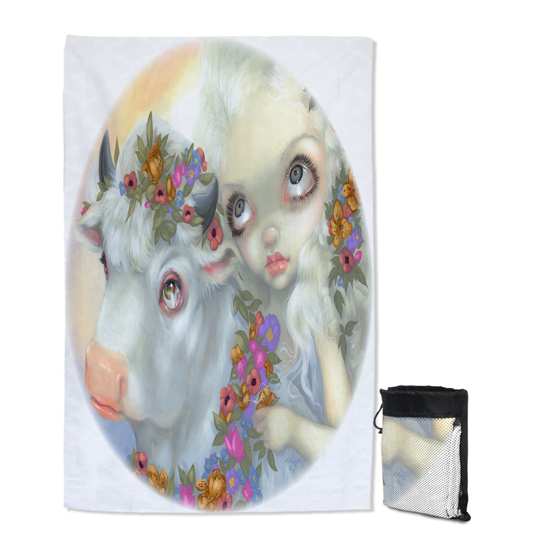 Mythology Lightweight Beach Towel for Travel Art Zeus and Europa Floral Girl and Bull