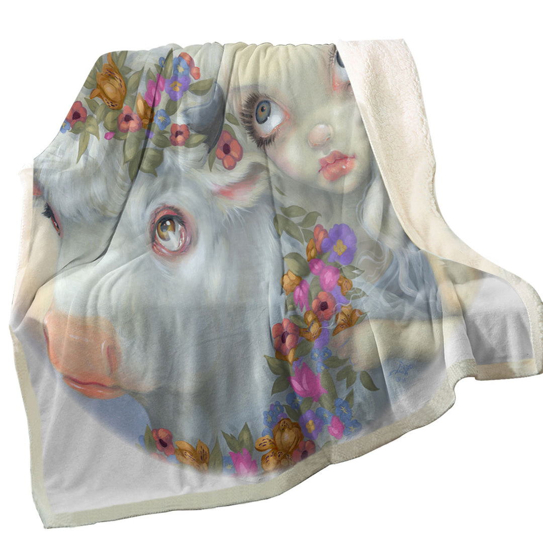 Mythology Throw Blanket Art Zeus and Europa Floral Girl and Bull