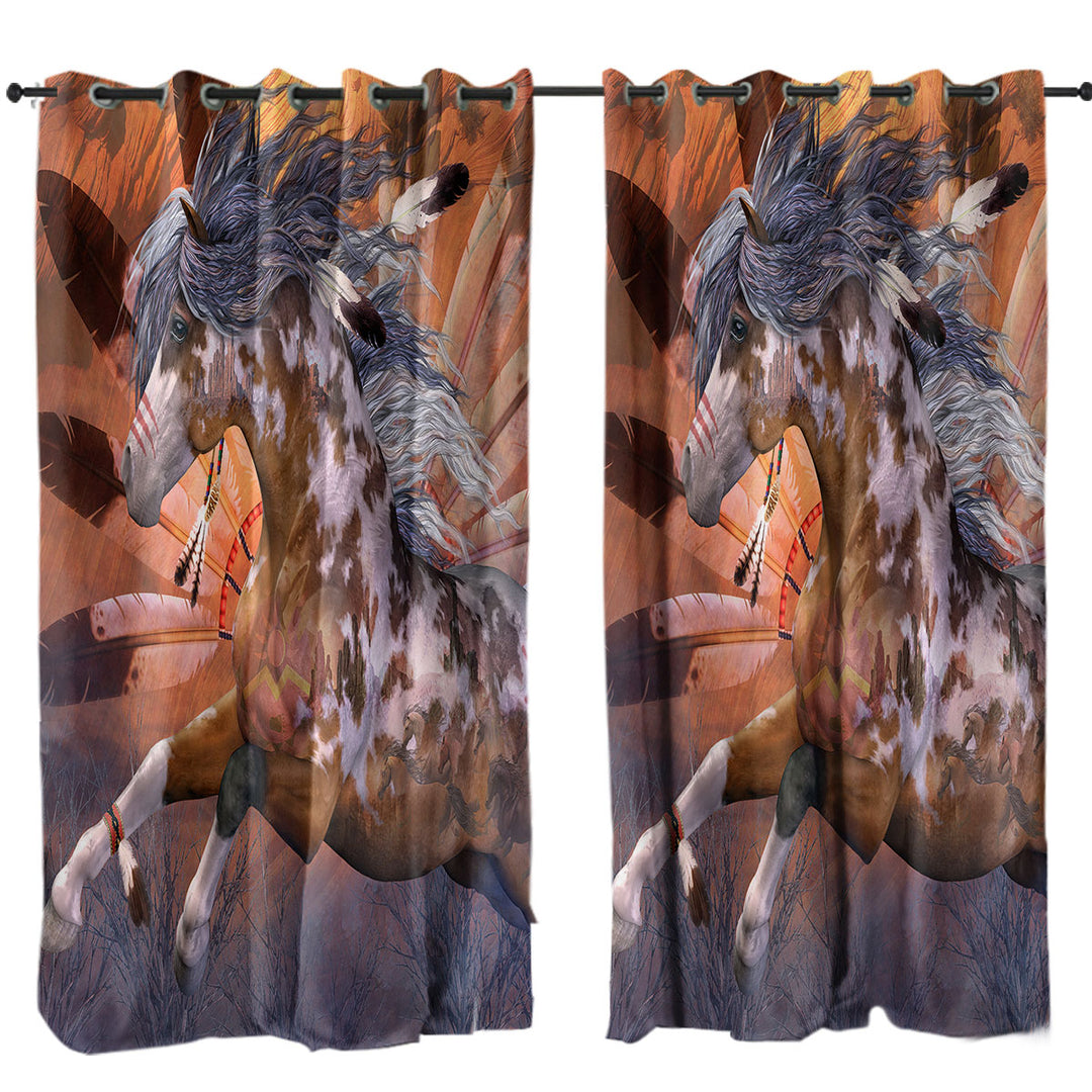 Native American Art White Spots Brown Pinto Horse Curtains